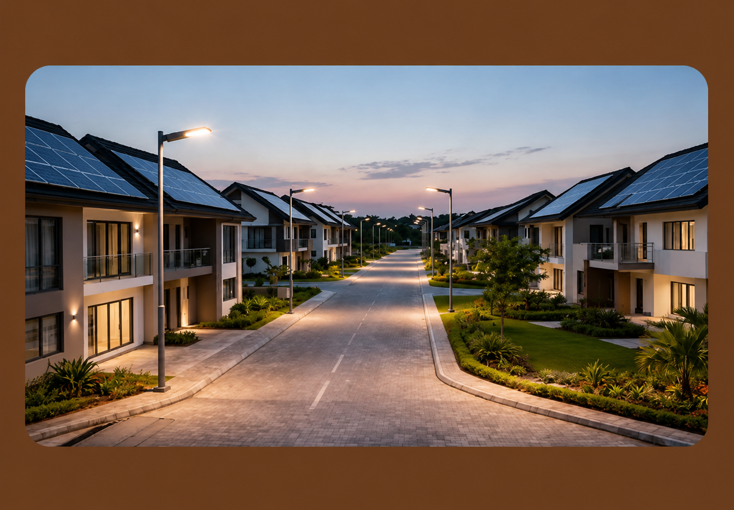 Modern Nigerian residential community with solar-powered homes and landscaped streets at dusk